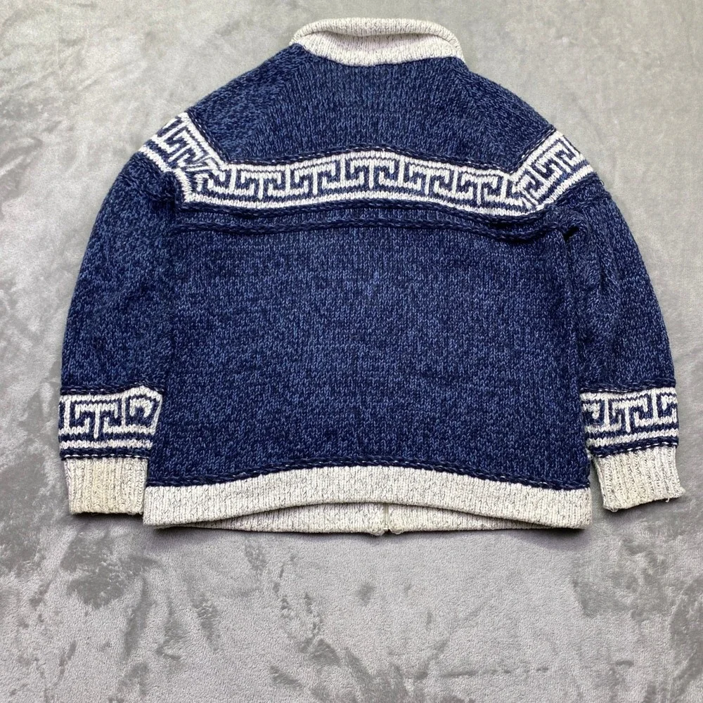 Vintage‎ Portugal Wool Blend Full Zip Greek Key Cardigan Sweater Blue White